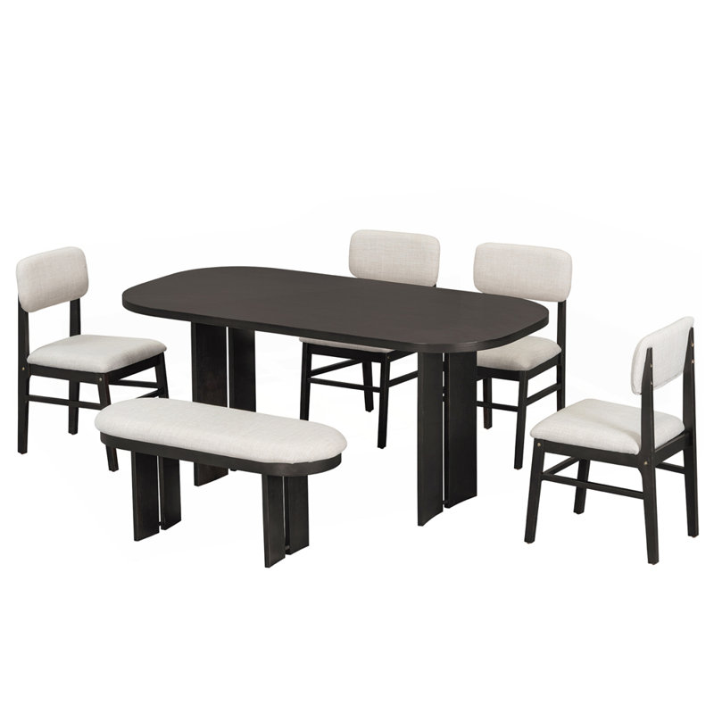 6-Piece Upholstered Rectangular Dining Room Table Set with Bench, Espresso