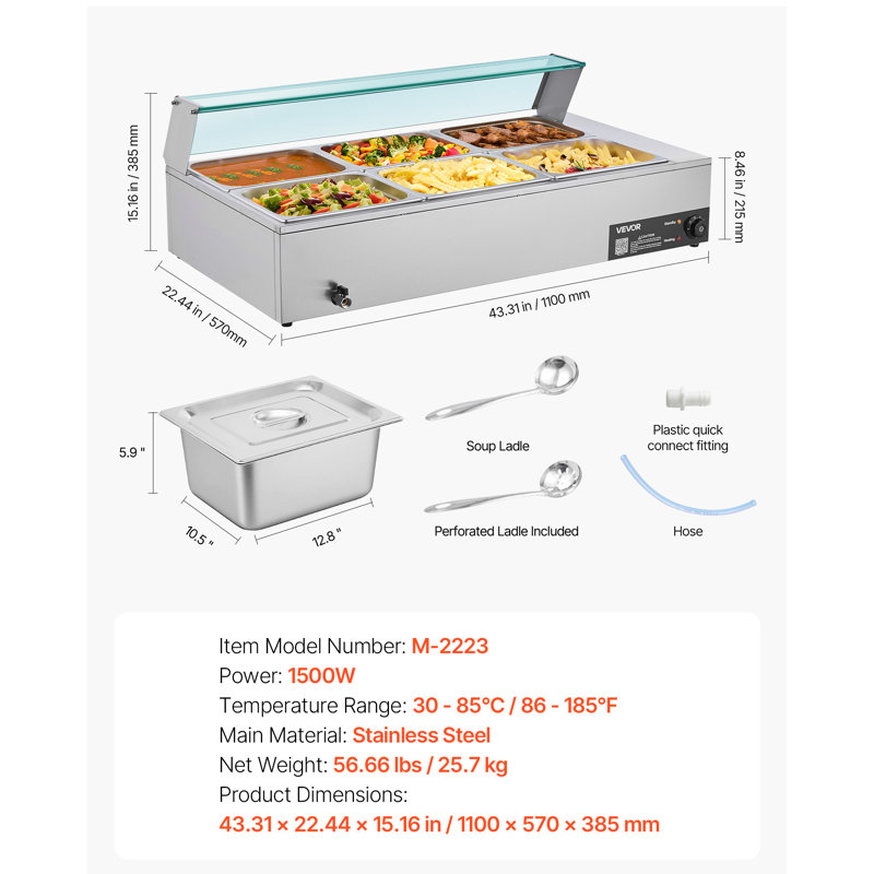 Chauffe-plats commercial 6 x 1/2 casseroles Buffet Bain Marie avec couvercle en verre