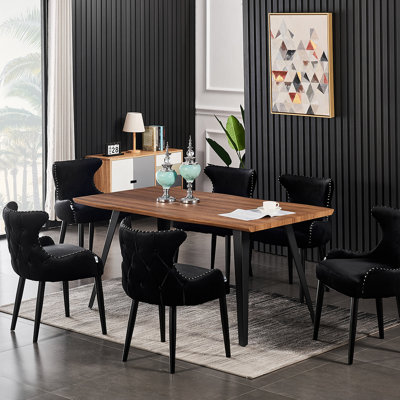 Ricky 6 Person Dining set - a Rectangular Wooden Dining Table with Metal Legs and a Set of 6 Quilted Velvet Dining Chairs for Dining Room - Modern Dining Table Set
