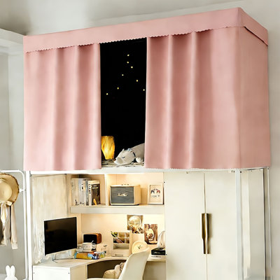 Pink Full Blackout Top Bunk Bed Curtain with Ceiling Panel & Stainless Steel Frame, Dorm Bed Canopy Tent, Privacy Bed Curtain for Student Single Twin Bed