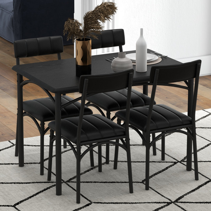 5 Piece Dining Table Set for 4, Rectangular Wood Metal Kitchen Table with 4 Upholstered Chairs, Space Saving Compact Dining Set for Small Apartment Studio