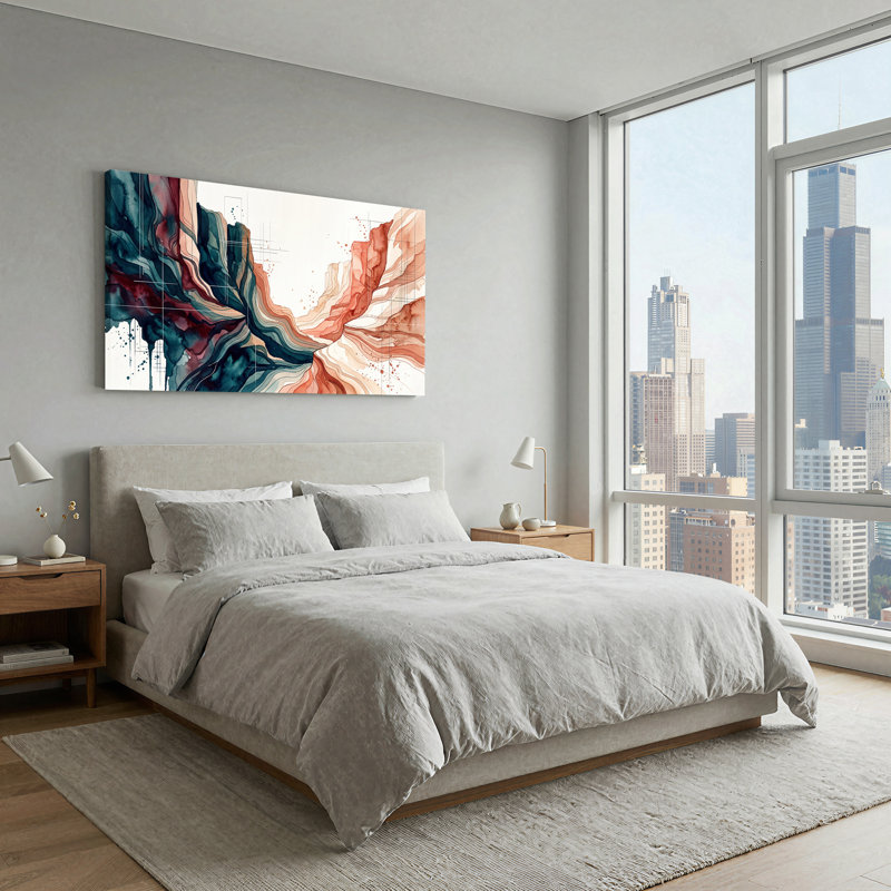 Toile abstraite abstraite bleu sarcelle et terre cuite, L 58 po x H 28 po