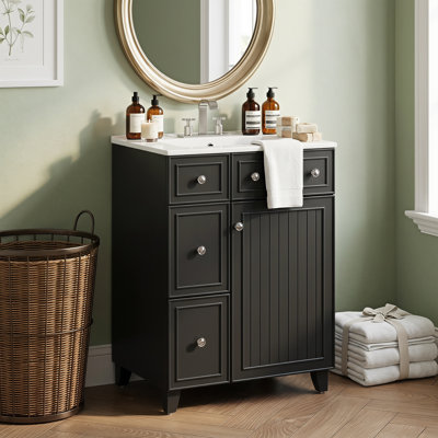 Armoire de meuble-lavabo 24 po avec lavabo en céramique, 2 tiroirs, 1 porte