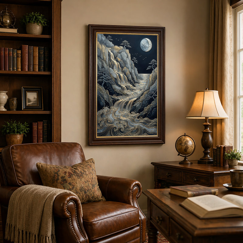 " Gold And Grey Mountain Waterfall Under Crescent Moon " Painting Print, H 24 po x l 16 po
