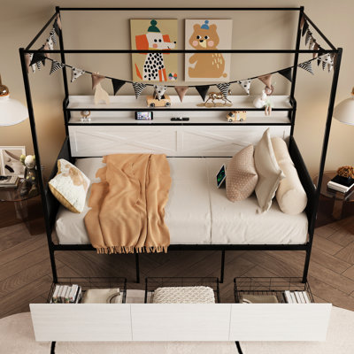 Twin Size White Bed Frame, Contemporary Design, With 3 Storage Drawers, Charging Point And Led Lighting Setup For Bedroom Contemporary, Rolling Facility Auxiliary Lights