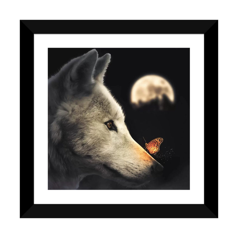 «The Wolf & Glowing Butterfly» par Zenja Gammer - reproduction de photo, H 16 po x l 16 po x p 1 po, Papier encadré noir
