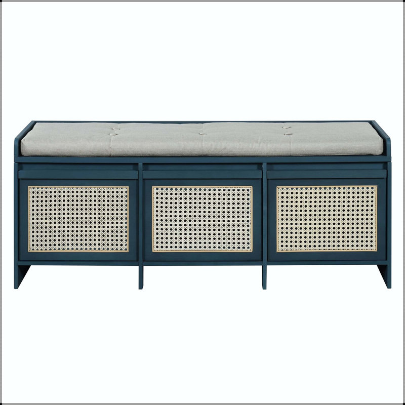 Banc de rangement pour hall d'entrée rétro avec tiroirs en rotin et coussin touffeté, Antique Navy, Antique Navy