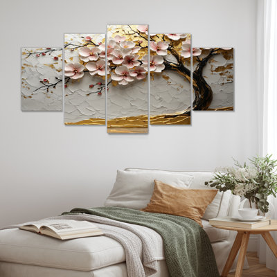 Rose et or cerisier en fleurs au bord du lac I - ensemble d'art mural sur toile Cherry Blossom