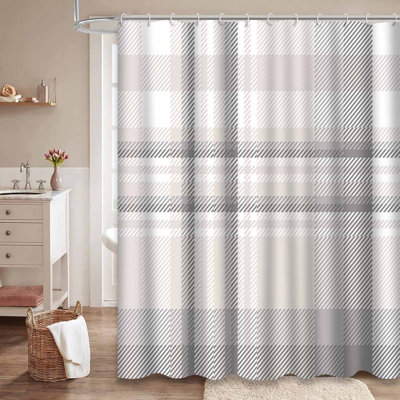 Seamless Plaid Check Beige Grey White Shower Curtain with 12 Hooks