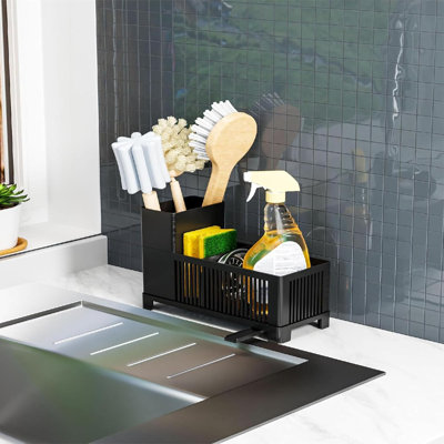 Sink Caddy Organizer With Rotating Overflow Outlet, Multifunctional Kitchen Sponge And Brush Holder, Dish Soap Dispenser Rack For Countertop Space Saving