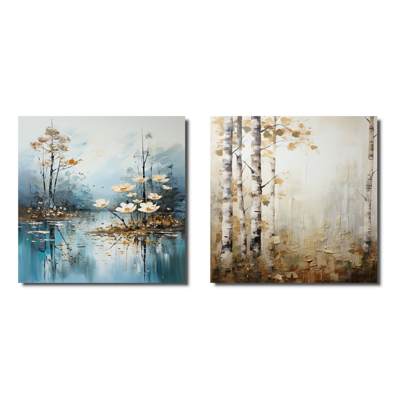«Minimal River Forest», ensemble de 2 collages carrés, H 36 po x l 73 po, Toile tendue