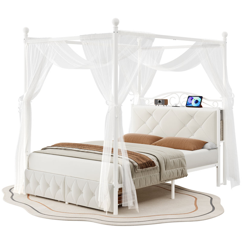 Lit à baldaquin en métal avec ports de charge, 2 modes Princess Bed, Grand, Blanc cassé