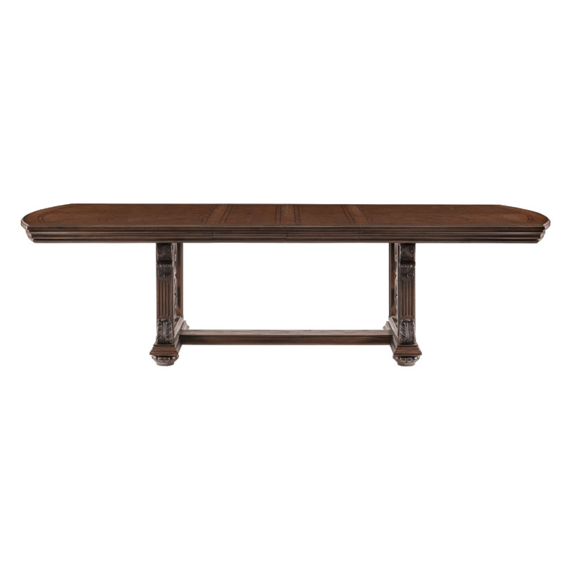 Table de salle à manger Devi, plateau extensible 80 à 108 pouces, base à tréteaux, brun chêne