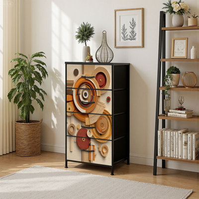 4 Drawer Vertical Storage Dresser Seamless geometric retro style Art with Wood Top Fabric Pull Drawers