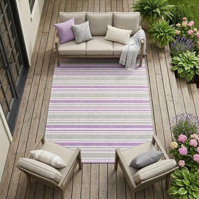 Tapis extérieur lavable antidérapant à rayures mauves et blanches 8 pi x 10 pi
