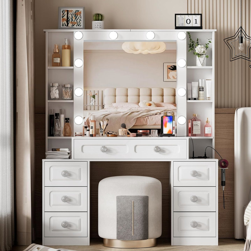 Dressing Vanity Table, Mirror, Lights, Glass Top, Drawers, Charging, Stool, Hair Dryer Holder, Women Desk, Women, Cushioned - Powered Charging
