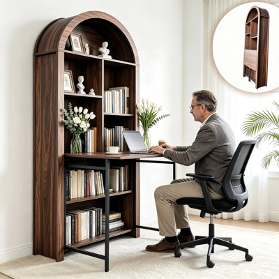 Bookshelf with Fold out Desk: 70.86"Arched Bookcase with Storage,2-in-1 Furniture,Convertible Hideaway Desk to bookshelf,convertible folding desks for Small Spaces - for Home Office