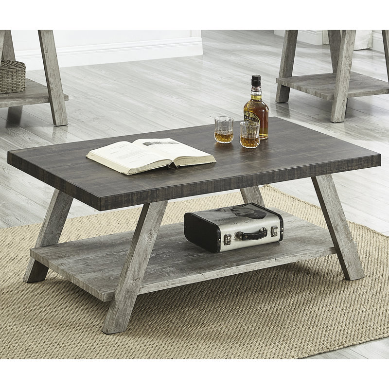 Table basse rectangulaire patinée en noyer et gris patiné - Style moderne avec pieds