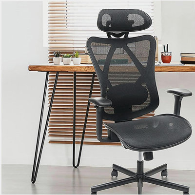 Mesh office chair, ergonomic office chair with wheels, adjustable lumbar support, armrests, headrest - high-back office chair with silent wheels, suitable for office, home, gaming