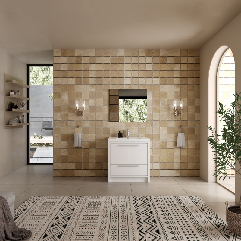 Meuble-lavabo simple 36 po avec plateau en pierre blanc brillant, 1 tiroir, 2 portes, moderne, 36"