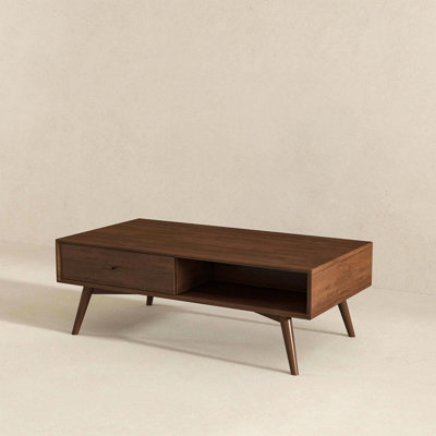 Caroline Mid-Century Modern Walnut Coffee Table Solid Wood 23.5X47.5X17.5 Inches For Living Room, Home Small Space, Brown