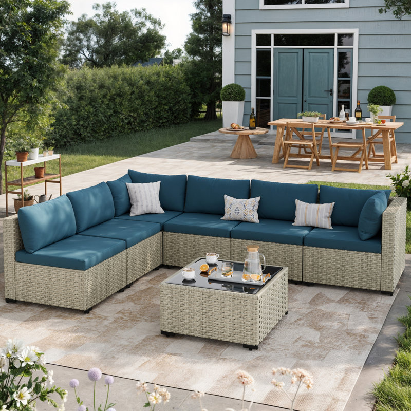 7 Pieces  Design-Oriented Rattan Patio Conversation Sets With Cushions, Peacock Blue
