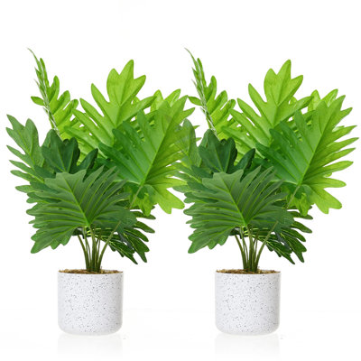 Set of 2 Artificial Fiddle Leaf Fig Plants in White Marble-Look Pots, Faux Potted Greenery for Office, Living Room, Bedroom and Shelf Decor