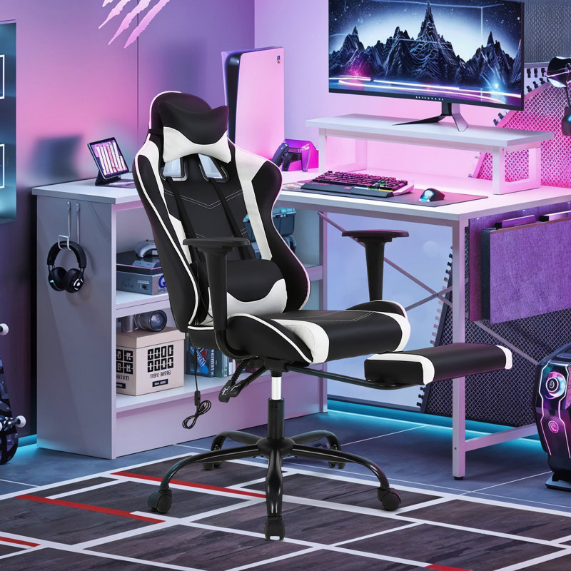 Gaming Chair Ergonomic Computer Chair Rolling Swivel Desk Chair Lumber Support Racing Office Chair with Footrest, White