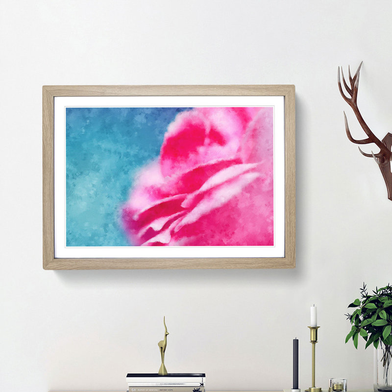 Pink Carnation on Blue - Picture Frame Painting Print, Oak Framed, 45cm H x 63cm W x 2cm D