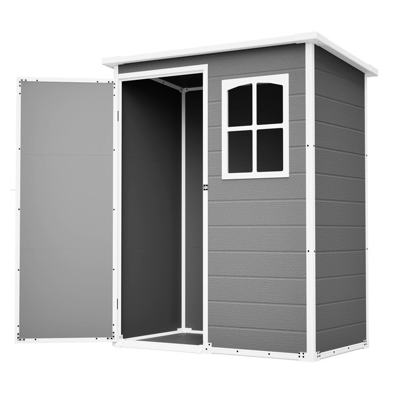 Remise de rangement extérieure en résine grise 5 x 3 pi avec fenêtre translucide, espace polyvalent pour les outils de jardin et le système de drainage du toit de la maison pour animaux de compagnie, protégeant des intempéries