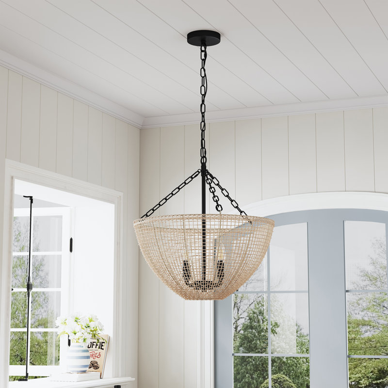 Lustre 4 lumières E12 en métal noir mat + rotin, abat-jour beige, intensité variable, ETL, chaîne réglable **