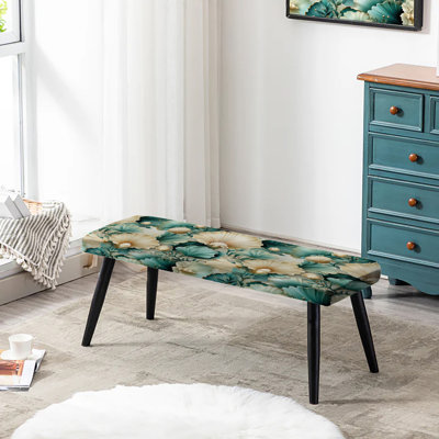 White And Teal Coastal Vintage Seashells - Floral Upholstered Black Bench