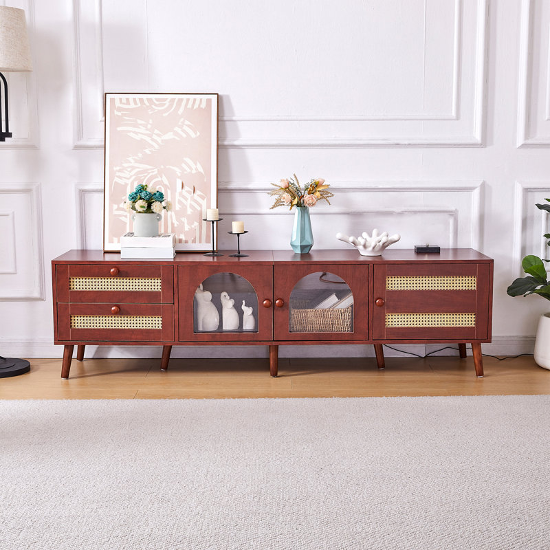 70" Rattan Tv Stands With 3 Cabinets & 2 Drawers,Led Light Entertainment Center For Tv Up To 80"
