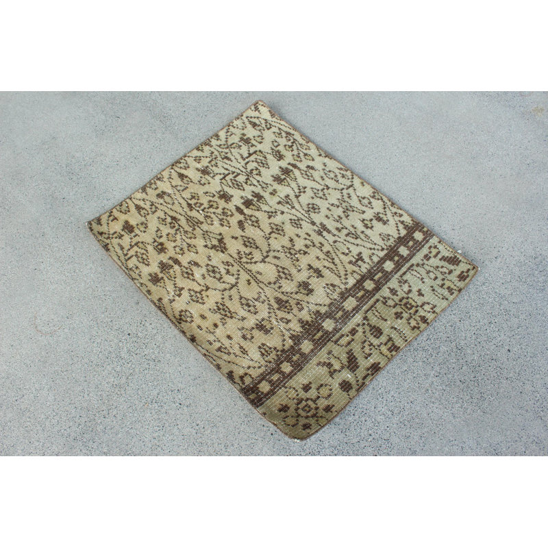 Small Square Turkish Vintage Oushak Wool Rug in Brown with Tassels for Entry Area