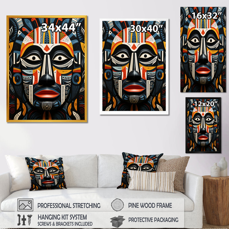 Tribal masque africain IV - art mural tribal africain, Toile tendue, H 40 po x l 30 po x P 1,5 po