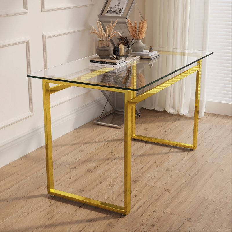 Table rectangulaire 51 pouces en verre trempé avec pieds en acier inoxydable, Doré