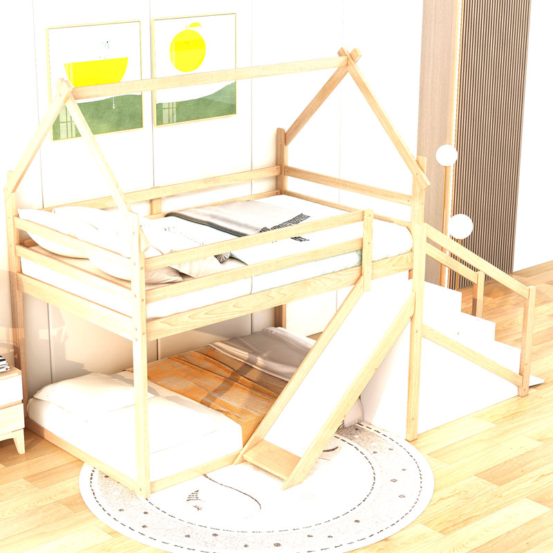Lit simple mezzanine ou lit superposé simple avec glissade et escalier, Naturel