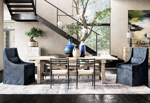A dining room with a blue-and-white color palette.