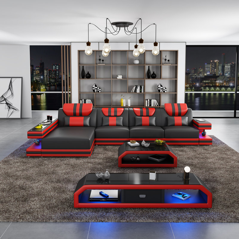 Lightspeed Modular Sectional, Black/White Genuine Leather, Left Hand Facing