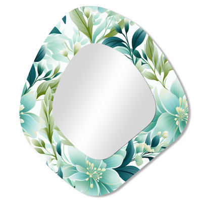 Oceanic Foliage Botanical Pattern V - Tropical Unique Shape Mirror, Green Asymmetrical Decorative Wall Mirror, Printed Metal Art
