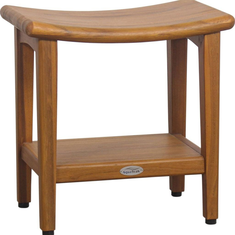 18" X 18" Brown Teak Rectangular Shower Bench With Shelf