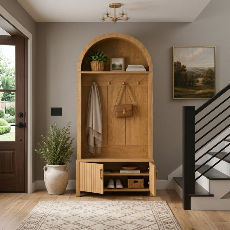 Arbre d'entrée 70,3 po avec banc et rangement pour chaussures, rangement pour vestibule avec 4 crochets et portes cannelées, naturel