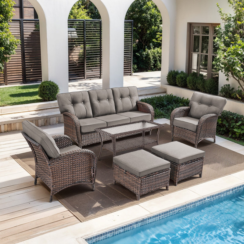 Fiorillo 6-Piece Outdoor Wicker Patio Conversation Set With 5" Thick Cushions And 2 Lounge Chairs, Gray