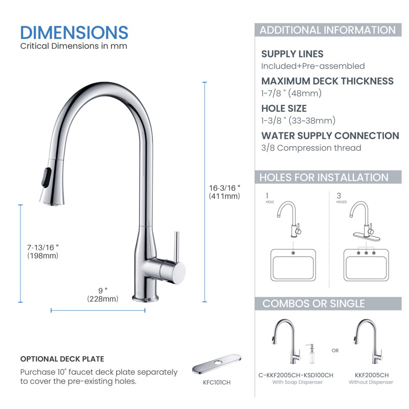 Robinet de cuisine à poignée simple avec accessoires Napa KIBI, Chrome, Avec distributeur de savon