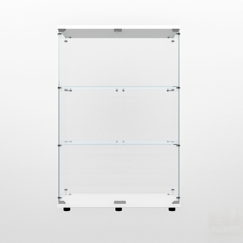 Vitrine polyvalente en verre trempé avec lumière alimentée par batterie et pieds réglables pour un placement stable sur un sol inégal, idéale pour le rangement et la présentation.