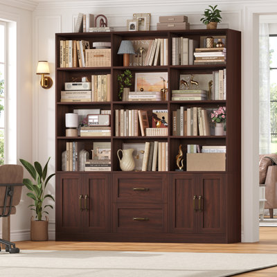 Bibliothèque 71,5 po x l 58,7 po à 6 niveaux avec tablettes ouvertes à 4 niveaux, 2 armoires et 2 tiroirs | Grande armoire de rangement pour la maison et le bureau