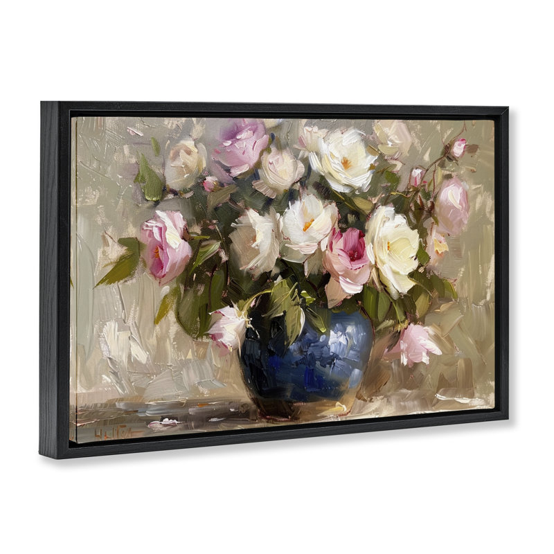  «Painterly Vase of Roses», toile flottante encadrée par LSR Design Studio, Cadre flottant noir de jais, H 21 po x l 31 po