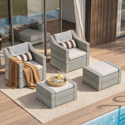 4-Piece Wicker Patio Chair & Ottoman Set, Outdoor Weather-Resistant Curved Armchair Conversation Set, Seating Group with Cushions for Backyard Deck Garden, Gray