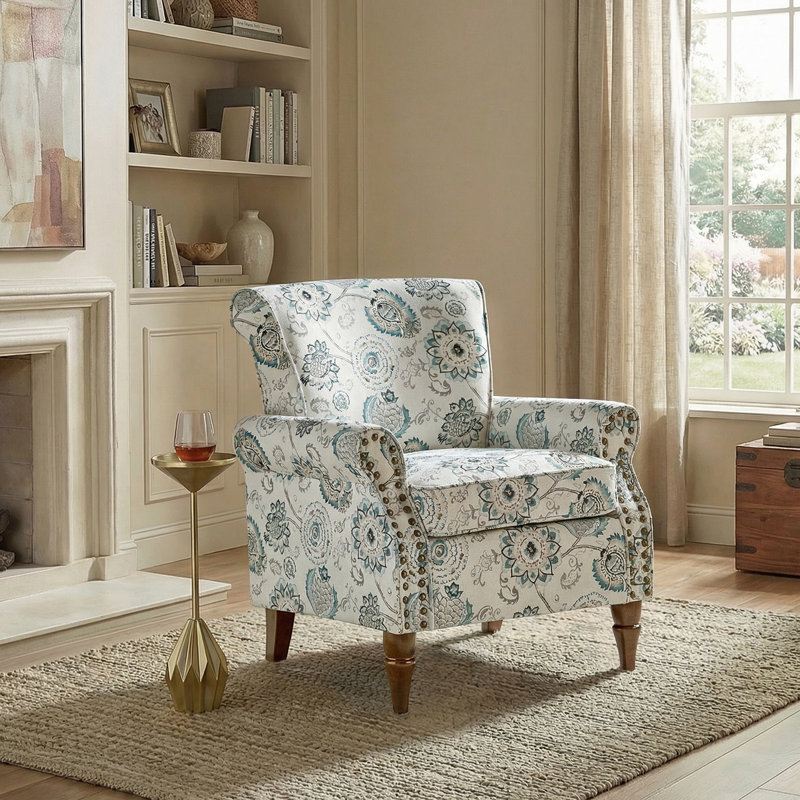 Fauteuil Asul avec garniture cloutée, Mélange de polyester médaillon
