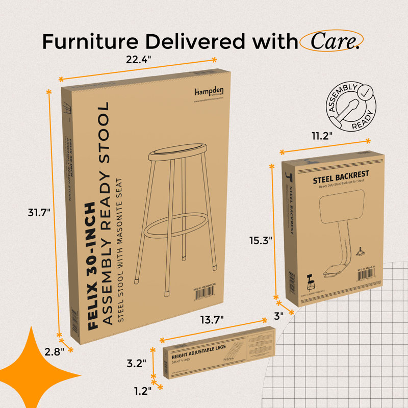 Felix Height Adjustable Steel Stool with Backrest, AssemblyReady, Extra Tall, Black